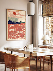 Japanese style wall art print featuring a red sun, clouds, rain, blue hills, and a vibrant field of red and cream flowers. - Image 2