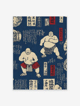 Traditional Japanese Sumo Art print featuring two wrestlers, calligraphy, and cultural motifs on a deep blue background.