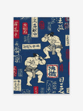 Two traditional Japanese sumo wrestlers depicted mid-bout on a deep blue background with white and red calligraphy, Japanese Sumo Wall Art.