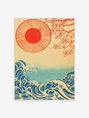 Japanese illustration with red sun, cherry blossom branches, and blue ocean waves on a beige background