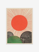 Japanese sun poster with red sun and radiating lines over green and black spiral hills on a beige background.