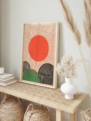 Japanese sun poster with red sun and radiating lines over green and black spiral hills on a beige background. - Image 4