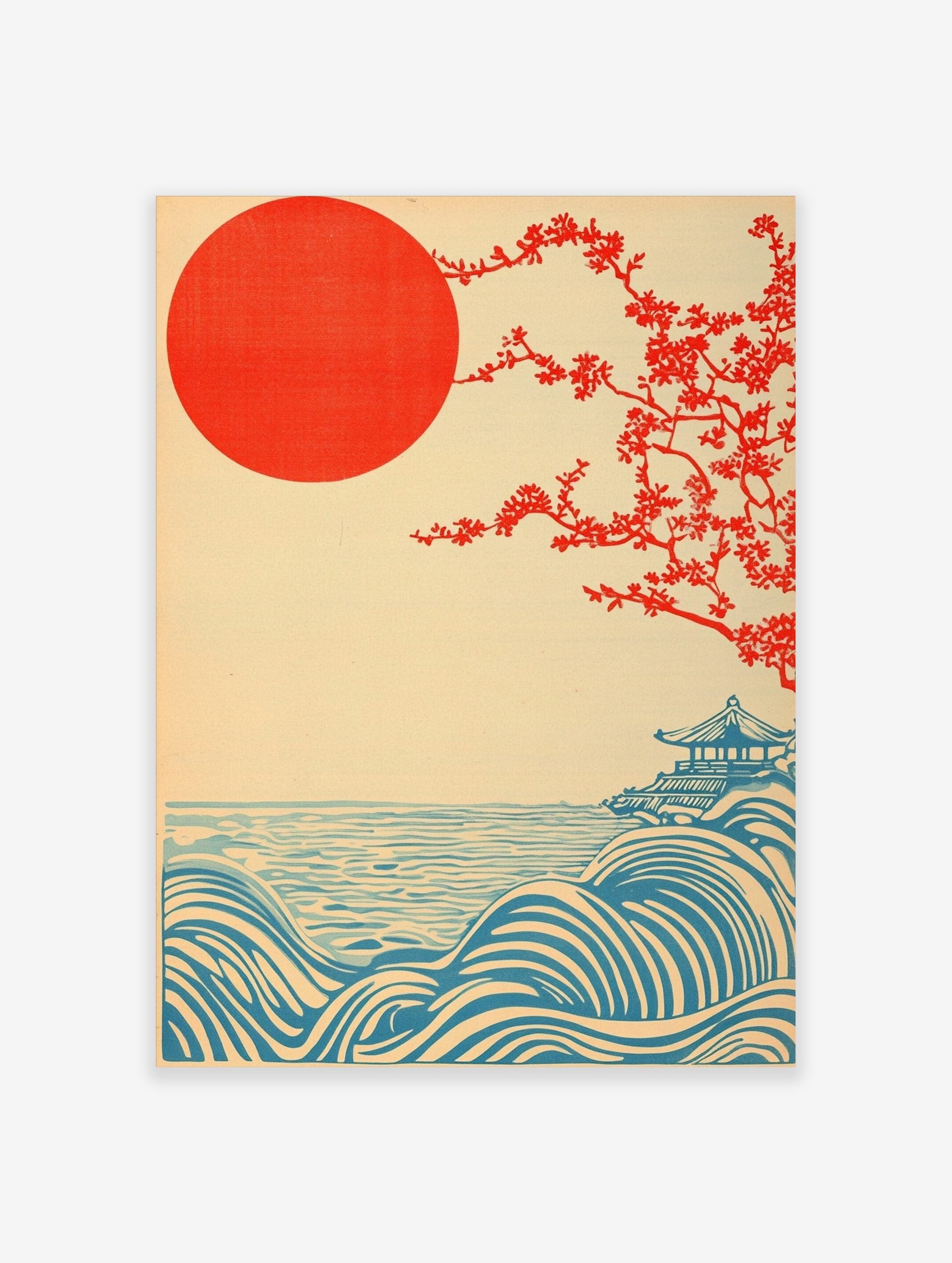 Japanese landscape print with red sun, flowering tree, blue waves, and a pagoda on a hill