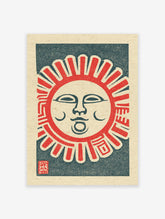A vibrant Japanese folk art print of a smiling sun with red rays and a dark blue background on textured paper, with a red seal.