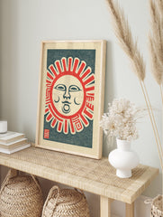 A vibrant Japanese folk art print of a smiling sun with red rays and a dark blue background on textured paper, with a red seal. - Image 3
