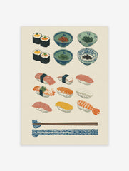 Illustrative Japanese sushi and nigiri print with maki rolls, various fish, condiment bowls, and chopsticks