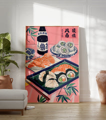 Japanese sushi poster featuring salmon nigiri, maki rolls, and a sake bottle on a pink background with bamboo leaves. - Image 3