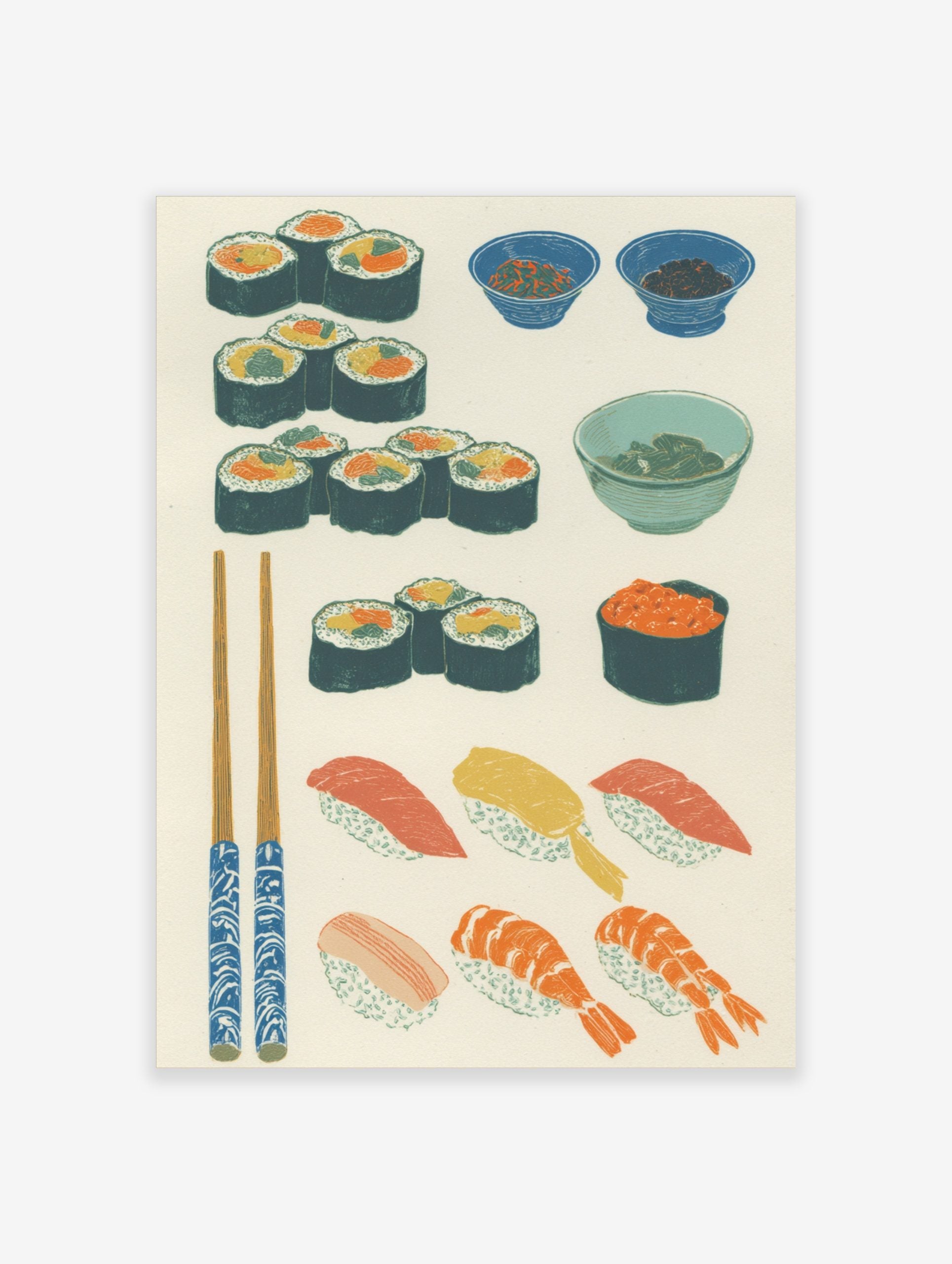 Japanese sushi illustration art print featuring maki rolls, nigiri, gunkan maki, chopsticks, and small bowls