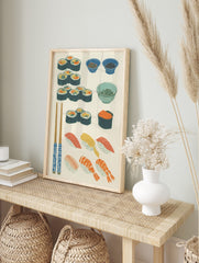 Japanese sushi illustration art print featuring maki rolls, nigiri, gunkan maki, chopsticks, in an alternate framed mockup