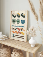 Japanese sushi wall art print with maki rolls, nigiri, bowls, and chopsticks on a light, in an alternate framed mockup