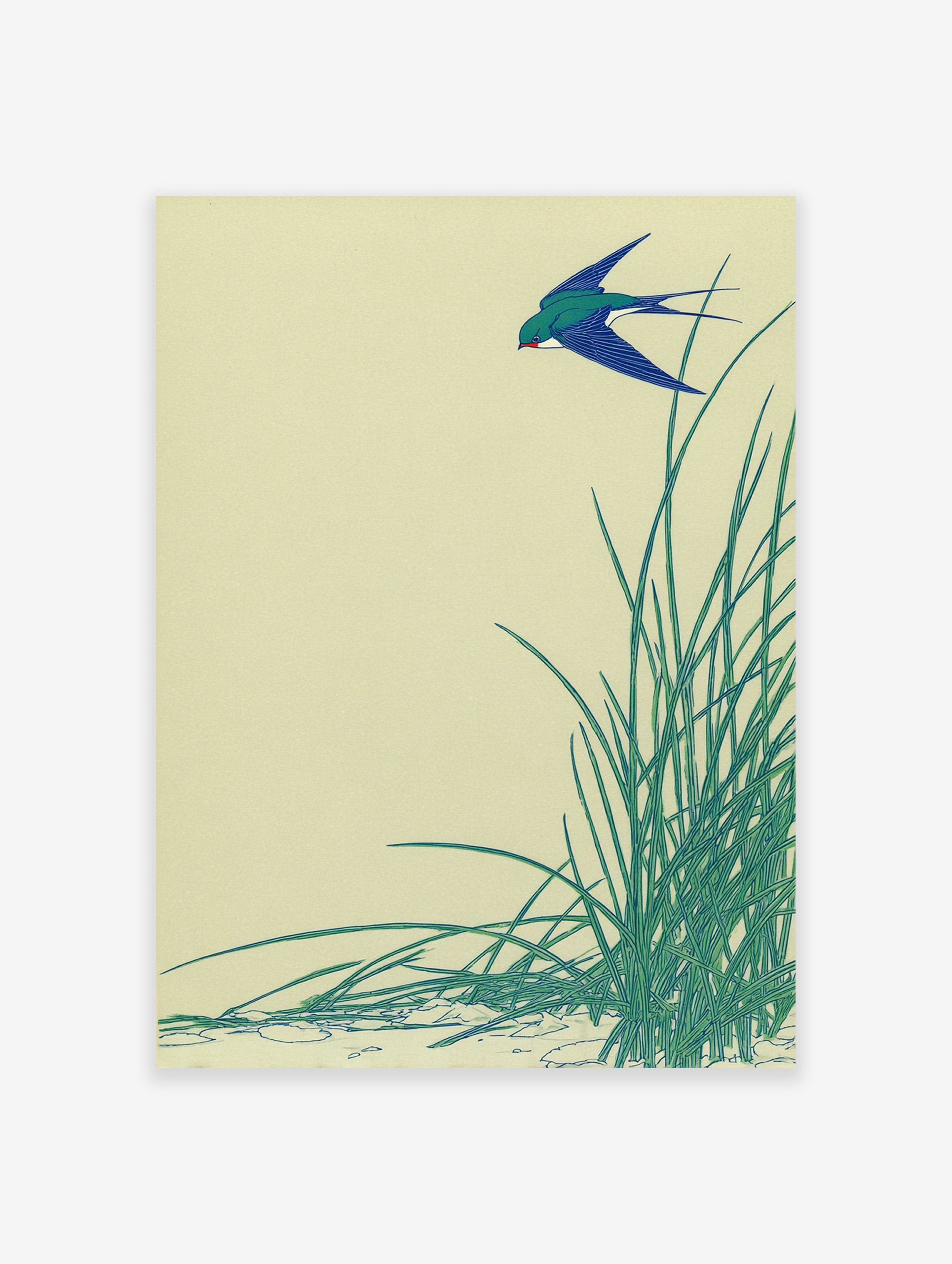 Japanese swallow art print featuring a blue bird flying over green reeds against a light yellow background.