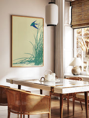 Japanese swallow art print featuring a blue bird flying over green reeds against a light yellow background. - Image 2