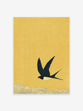 Japanese swallow bird illustration flying over waves on a textured yellow background, a serene piece of Japanese Wall Art.