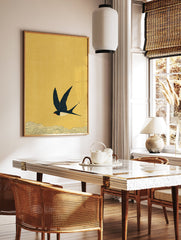 Japanese swallow bird illustration flying over waves on a textured yellow background, a serene piece of Japanese Wall Art. - Image 2