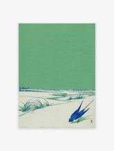 Japanese swallow bird art print with green sky, blue bird, and light ground with green grass and stream.
