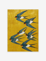 Japanese swallows flying on a bright yellow background poster, illustrated in a traditional woodblock style.