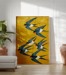 Japanese swallows flying on a bright yellow background poster, illustrated in a traditional woodblock style. - Image 3