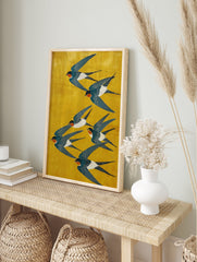 Japanese swallows flying on a bright yellow background poster, illustrated in a traditional woodblock style. - Image 4