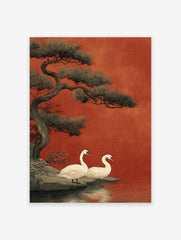 Japanese Swan Wall Art print showing two white swans by a lake with a large pine tree against a red background.