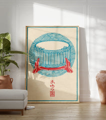 Traditional Japanese taiko drum illustration in blue and red with wave patterns and Japanese script on a light cream background. - Image 3