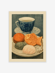Illustrative art print of a blue tea cup and a plate of Japanese sweets including a fish-shaped taiyaki cake
