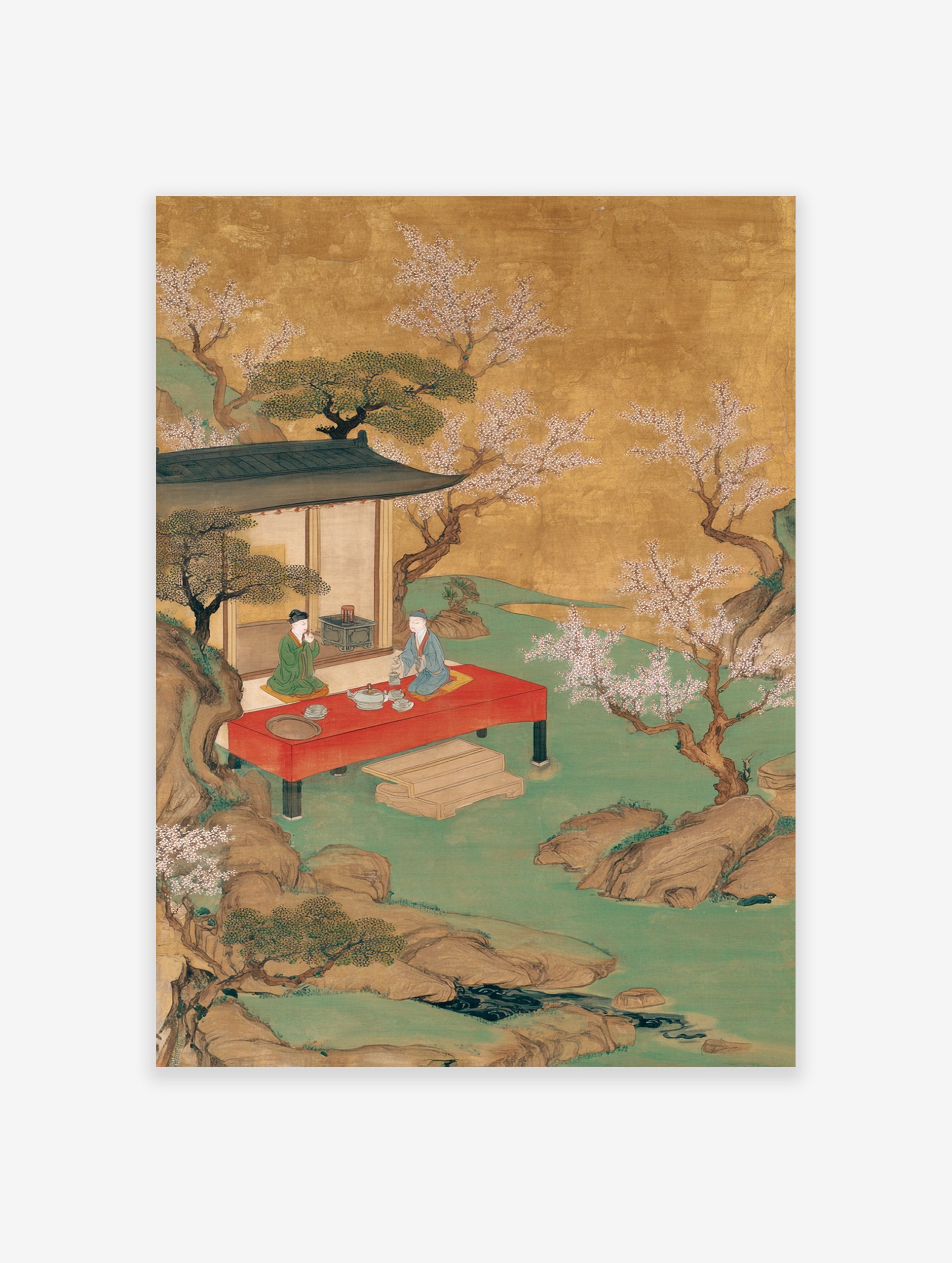 Japanese tea ceremony poster with two figures on a red platform in a golden and green landscape with blossoming trees.
