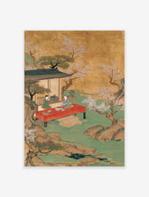 Japanese tea ceremony poster with two figures on a red platform in a golden and green landscape with blossoming trees.