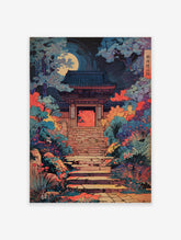 Japanese Temple at Night poster with a full moon, vibrant trees, and a stone stairway leading to the temple gate.