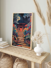 Japanese Temple at Night poster with a full moon, vibrant trees, and a stone stairway leading to the temple gate. - Image 4