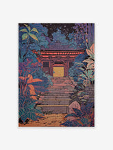Japanese Temple Gate poster at night, surrounded by vibrant blue and purple foliage, with a glowing yellow entrance.