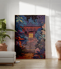 Japanese Temple Gate poster at night, surrounded by vibrant blue and purple foliage, with a glowing yellow entrance. - Image 3