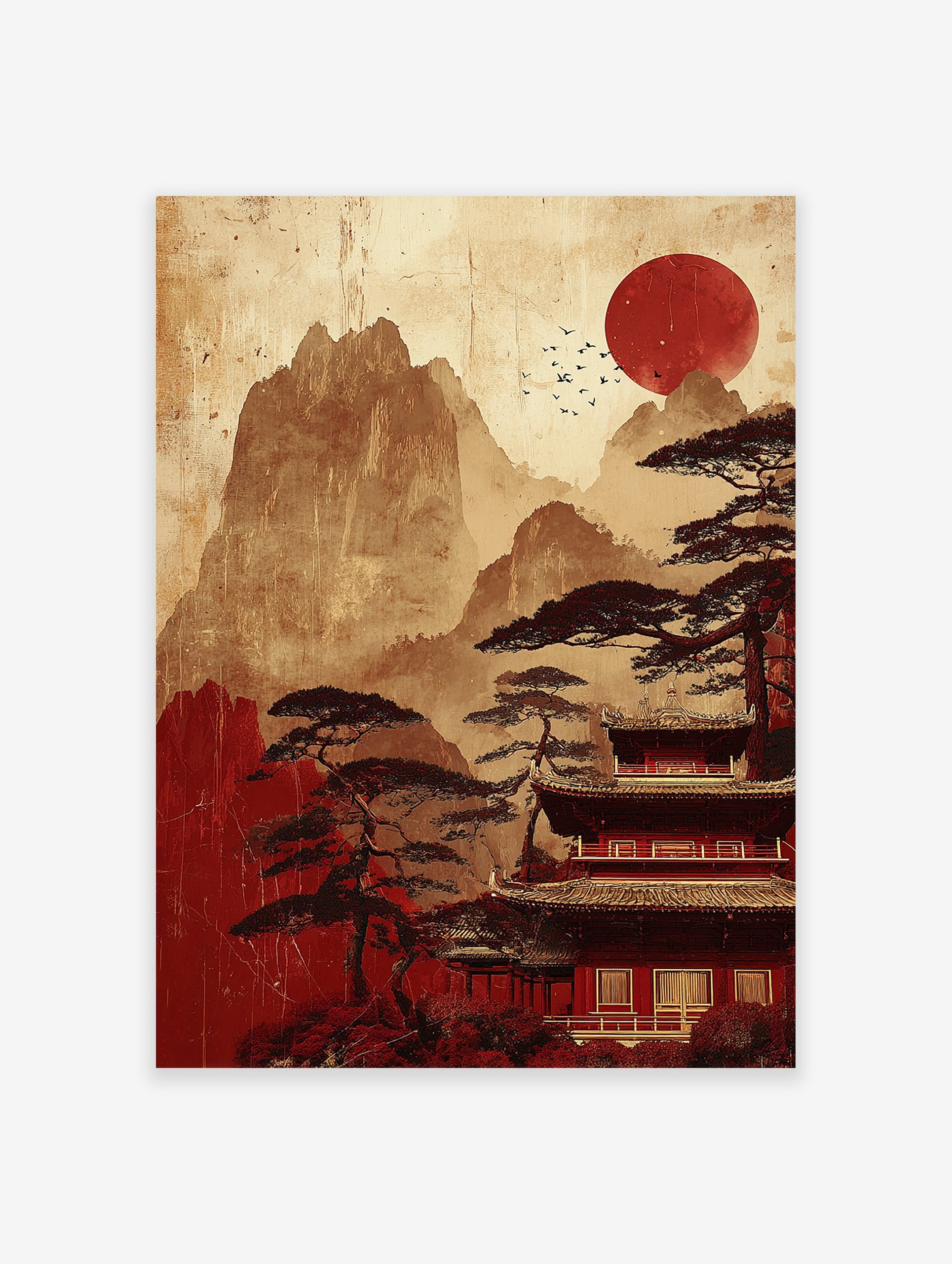 Japanese Temple Landscape poster with red sun, pine trees, and pagoda in a traditional Asian art style.