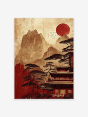 Japanese Temple Landscape poster with red sun, pine trees, and pagoda in a traditional Asian art style.