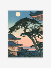 Japanese temple pagoda landscape art print with a full moon and gnarled pine tree in an illustrative style