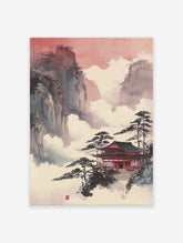 Japanese temple wall art with a red roof amidst misty mountains and pine trees under a red sky.