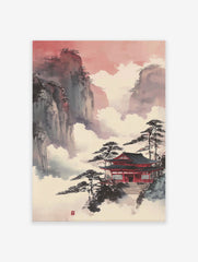 Japanese temple wall art with a red roof amidst misty mountains and pine trees under a red sky.