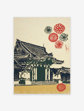Traditional Japanese temple print with a dark blue roof and red floral patterns on a cream and gold background.