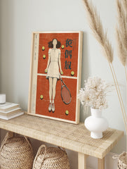 Japanese tennis poster of a girl in a white dress lying on a clay court with tennis balls and a racket. - Image 3