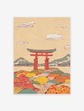 Japanese Torii Gate wall art print with red gate, mountains, water, and colorful patterned hills under a beige sky.