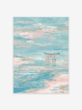 Abstract Japanese Torii Gate wall art in pastel blue and pink tones, standing in calm water under a cloudy sky.