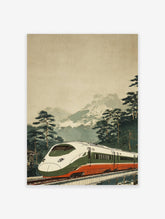 Japanese Shinkansen bullet train in green and red on a bridge, with pine trees and misty mountains in Ukiyo-e style art.