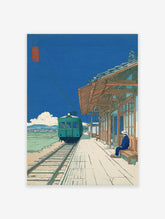 Japanese Train Art print featuring a green train at a rural station, a person on a bench, and blue sky in Ukiyo-e style.