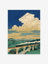 Japanese woodblock style print of a black steam train crossing a multi-arch stone viaduct over a green valley with a cloudy blue sky.