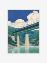 Japanese style art print of a blue train crossing a green bridge over a river with mountains and clouds in blue sky.