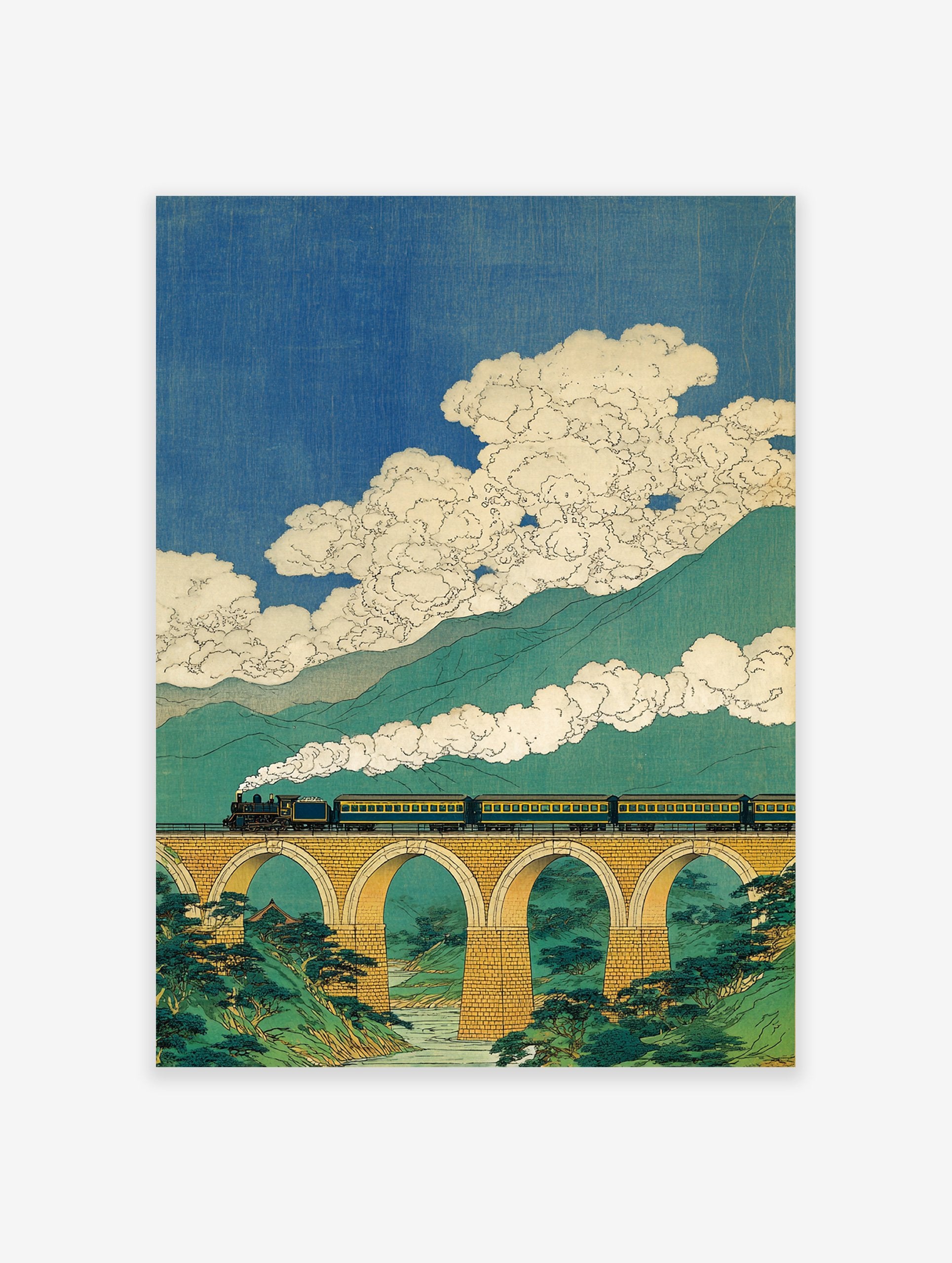 Japanese Ukiyo-e art print of a steam train on an arched bridge over a river, with green mountains and blue sky.