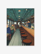 Japanese train carriage bar scene with people, bartender, and wooden furniture, in an Ukiyo-e style