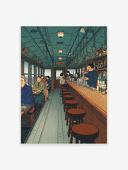 Japanese train carriage bar scene with people, bartender, and wooden furniture, in an Ukiyo-e style