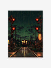 Japanese train poster showing a train at a rainy night crossing with red signal lights and glowing reflections on wet tracks.