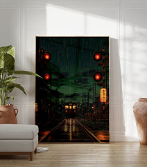 Japanese train poster showing a train at a rainy night crossing with red signal lights and glowing reflections on wet tracks. - Image 3