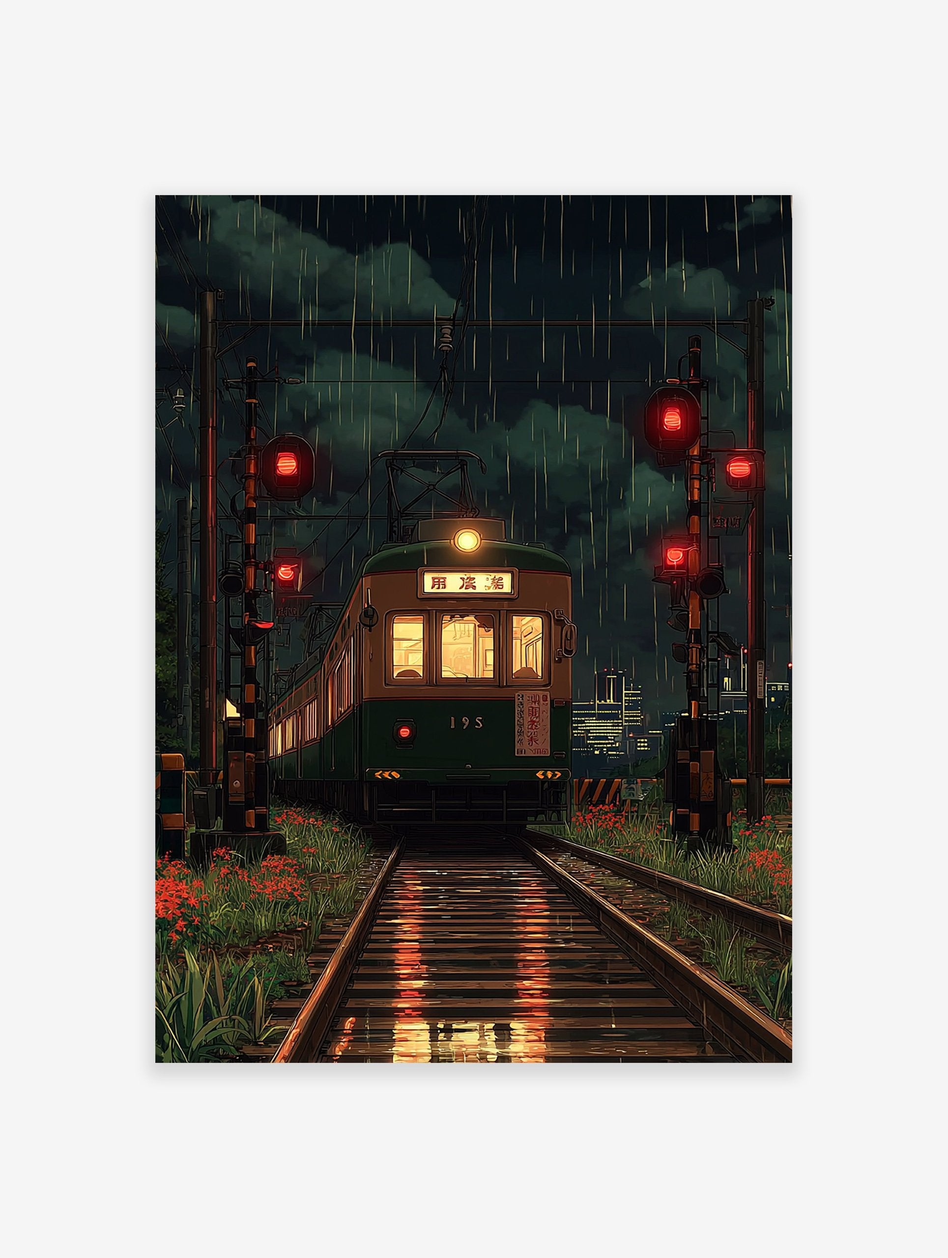 Japanese train poster showing a green train on tracks at night in the rain, with red signal lights and city lights.